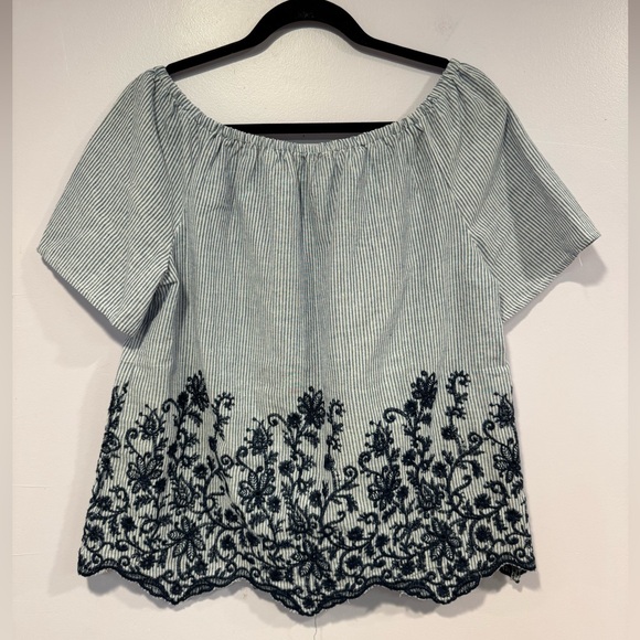 Unique Spectrum blue‎ stripe embroidered floral off the shoulder shirt - Picture 3 of 3